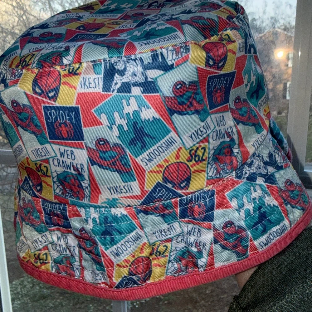 Marvel Spiderman Denim Hat reversible with colorful comic strip print on inside